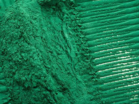 Spirulina algae tablets on green background from top view.の写真素材