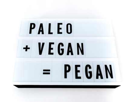 PALEO VEGAN PEGAN text on lightbox on white background.