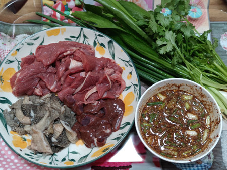 Thai food,Sliced beef and vegetable on the tableの写真素材
