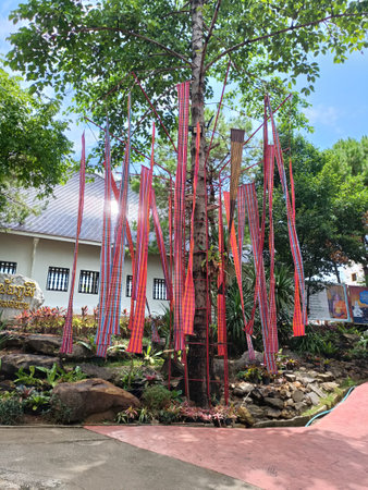 Red cloth hanging on the tree in the garden.の写真素材