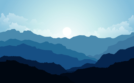 Vector illustration, Landscape view with sunset, sunrise, the sky, clouds,  mountain peaks, and forest. for the website backgroundのイラスト素材