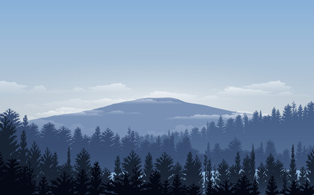 Vector illustration, Landscape view with sunset, sunrise, the sky, clouds,  mountain peaks, and forest. for the website backgroundのイラスト素材