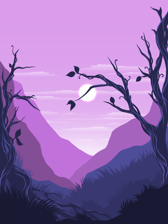 Vector illustration, Landscape view tropical forest with full moon, clouds,  mountain peaks, and deep jungle. for the website backgroundのイラスト素材