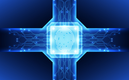 Fingerprint integrated in a printed circuit, releasing binary codes. fingerprint Scanning Identification System Security Concept. Vector illustration backgroundのイラスト素材