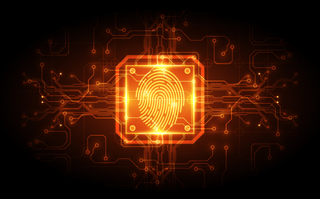 Fingerprint integrated in a printed circuit, releasing binary codes. fingerprint Scanning Identification System Security Concept. Vector illustration backgroundのイラスト素材