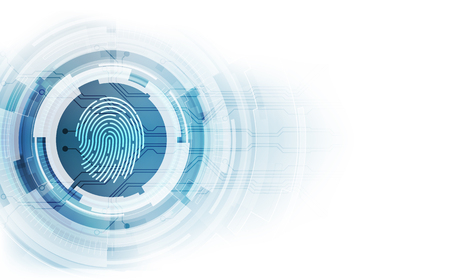 Fingerprint integrated in a printed circuit, releasing binary codes. fingerprint Scanning Identification System Security Concept. Vector illustration backgroundのイラスト素材