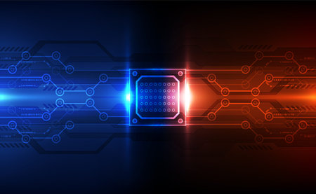 Abstract technology chip processor background circuit board and code, illustration blue technology...