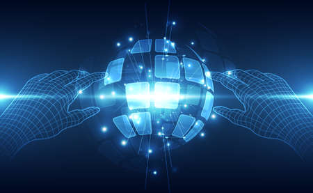 Vector Abstract futuristic circuit board global system, Illustration high digital technology blue color conceptのイラスト素材
