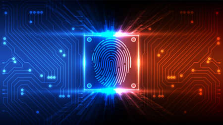 Fingerprint integrated in a printed circuit, releasing binary codes. fingerprint Scanning Identification System. Biometric Authorization and Business Security Concept. Vector illustration backgroundのイラスト素材
