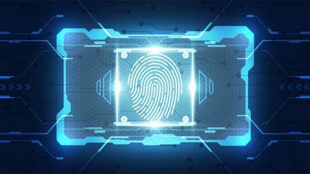 Fingerprint integrated in a printed circuit, releasing binary codes. fingerprint Scanning Identification System. Biometric Authorization and Business Security Concept. Vector illustration backgroundのイラスト素材