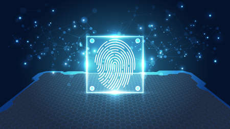 Fingerprint integrated in a printed circuit, releasing binary codes. fingerprint Scanning Identification System. Biometric Authorization and Business Security Concept. Vector illustration backgroundのイラスト素材