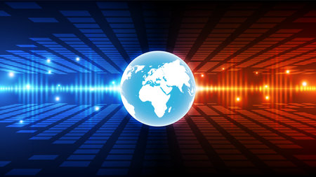 abstract technology background with world map and lighting effect, vector illustrationのイラスト素材