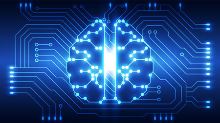 Abstract technological background with circuit board and human brain. Vector illustration.のイラスト素材