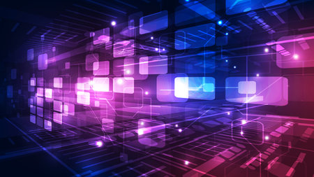 Abstract futuristic technology background with glowing transparent blue and purple squares, digital network lines, and neon light effects. Perfect for concepts of innovation, cyber technology, communication, and virtual data systems.のイラスト素材