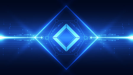 Abstract futuristic background with neon blue diamond shape, digital circuit lines, and glowing technology elements for innovation and cyberspace concepts.のイラスト素材