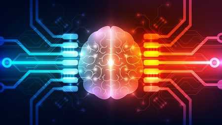 Bright neon brain with glowing circuits symbolizing AI, machine learning, and advanced digital...