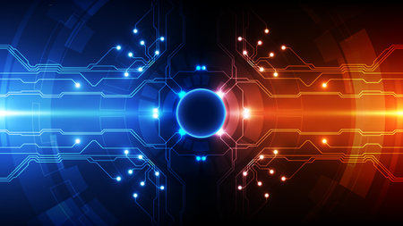 High-contrast abstract technology background featuring a central core, digital circuit lines, and glowing energy flow in vibrant blue and orange-red. Represents data exchange, power, and binary concepts.のイラスト素材