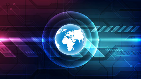 Abstract dark technology background featuring a central world globe surrounded by glowing rings, digital arrows, and circuit lines in vibrant blue and magenta. Represents global data transfer and cyber security.のイラスト素材