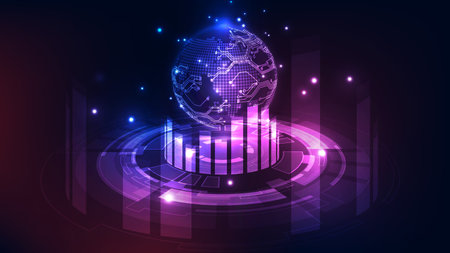 Abstract dark technology background featuring a central circuit board globe over a glowing bar chart and data rings in purple and blue neon. Symbolizes global market analysis, finance, and big data management.のイラスト素材