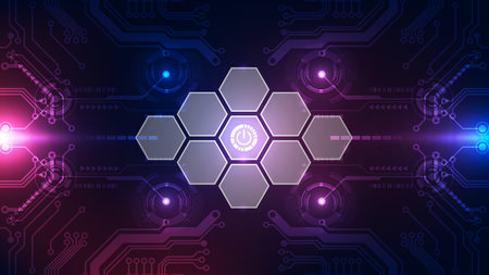 Abstract dark technology background with a central power icon in a hexagon surrounded by geometric circuit patterns and glowing neon lines in blue and magenta. Ideal for system activation and hi-tech themes.のイラスト素材