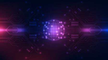 Abstract dark technology background featuring a central wireframe globe and symmetric digital circuit patterns with glowing neon lines in vibrant purple and blue. Ideal for global data and network communication themes.のイラスト素材