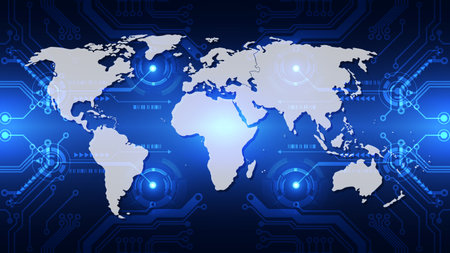 Abstract dark blue technology background featuring a world map silhouette over glowing digital circuits and connection points. Symbolizes global communication, data network, business, and modern technology.のイラスト素材
