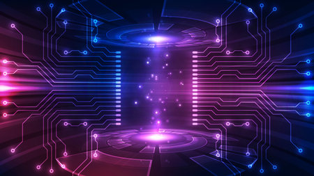 Abstract dark technology background featuring a central energy chamber with glowing particles between HUD interfaces, flanked by symmetrical digital circuit patterns in purple and blue.のイラスト素材