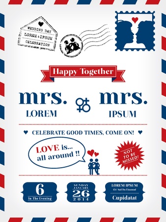 Lesbian Wedding Invitation Template in Postcard and Air mail styleのイラスト素材