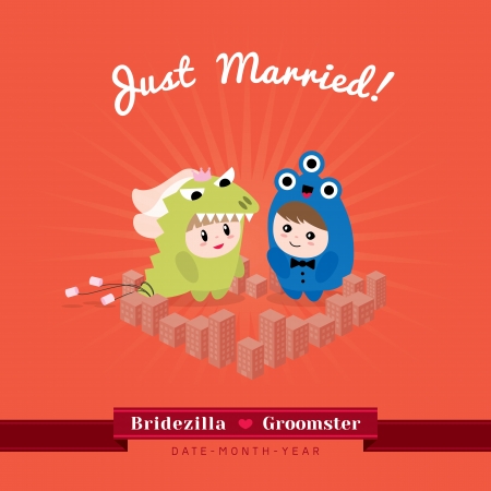 Cute kawaii groom monster and bridezilla character standing in the heart shape city のイラスト素材