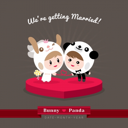 Cute kawaii groom and bride character in rabbit and panda helmet ready to get marriedのイラスト素材