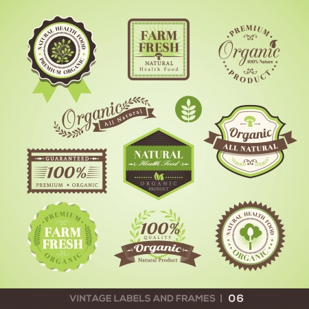 Collection of Fresh Organic Product Labels with retro vintage styled designのイラスト素材