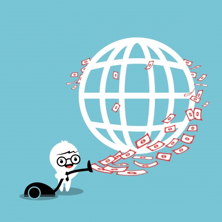 Business man sucking money around the world with vacuum cleaner のイラスト素材