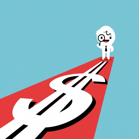 Young business man seeing the way to make money through a magnifying glassのイラスト素材