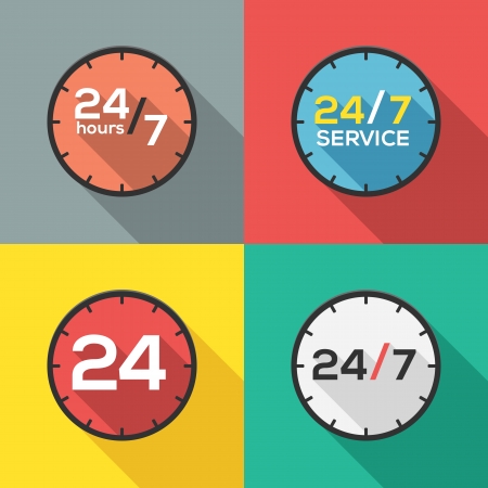 24 hours a day and 7 days a week service flat icon clockのイラスト素材