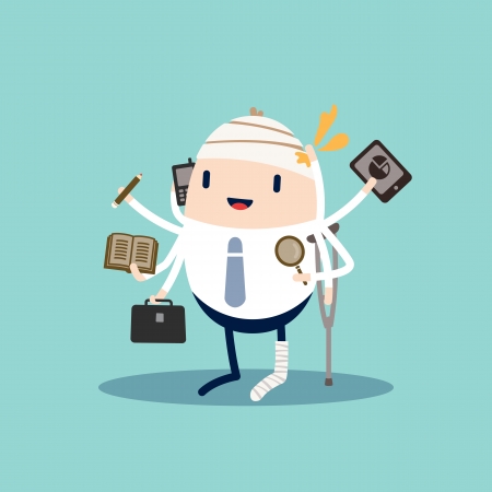 Injured Business man with tablet, phone, pencil and briefcaseのイラスト素材
