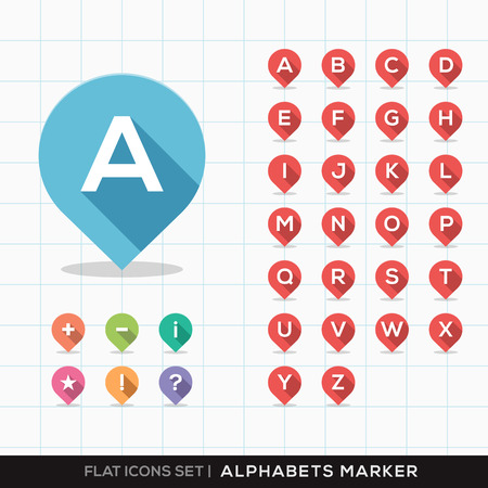 Set of A-Z Alphabet Pin Marker Flat Icons with long shadow for GPS or Mapのイラスト素材