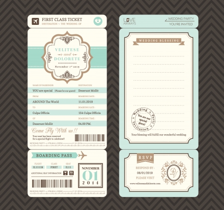 Vintage style Boarding Pass Ticket Wedding Invitation Template Vectorのイラスト素材