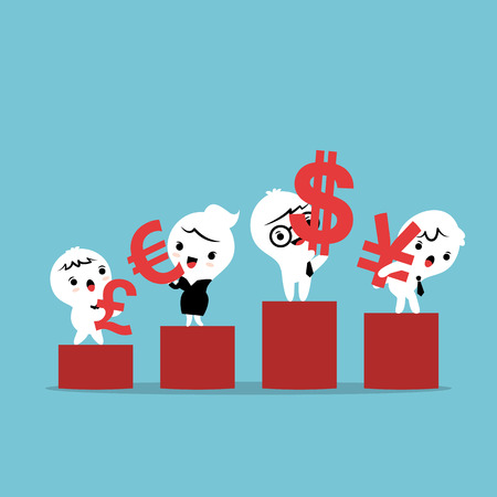 Business Team cartoon stand on bar graph with Currency Symbolのイラスト素材