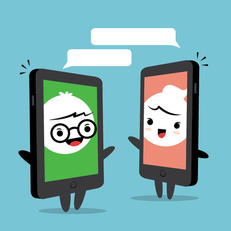 Smart phone chat online concept, cartoon man and woman face on smart phone screenのイラスト素材