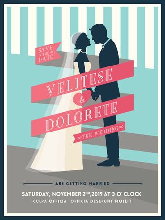 Groom and Bride with ribbon wedding invitation card templateのイラスト素材