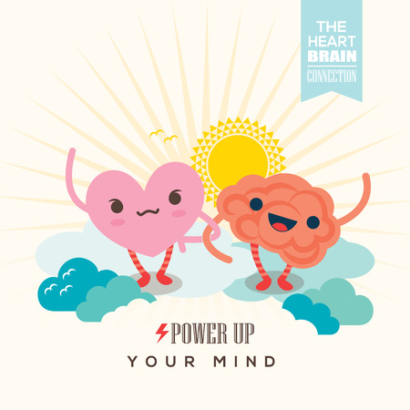 Power up your mind conceptual illustration with heart and brain cartoon character holding hands togetherのイラスト素材