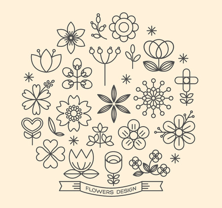 Flower icons with outline style vector design elements