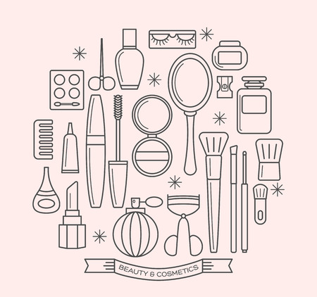 beauty and cosmetics thin line outline vector icons set