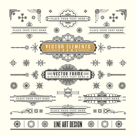 Set of linear thin line art deco retro vintage design frame corner badge in geometric shapeのイラスト素材