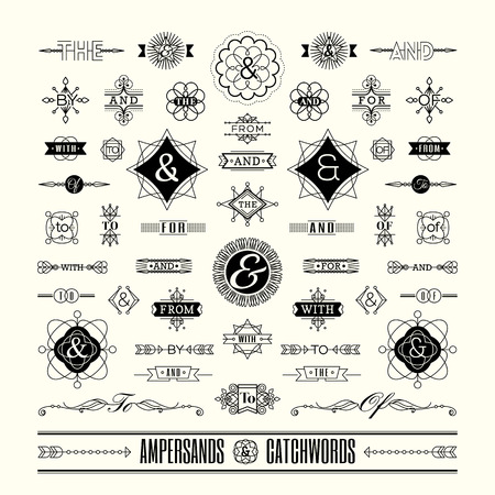 Set of catchwords ampersands in geometric thin line shape art deco retro vintage frame Set of catchwords ampersands in geometric thin line shape art deco retro vintage frame