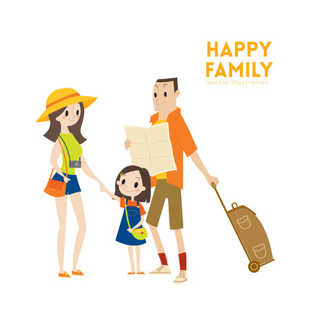 Happy modern urban tourist family with parents and child ready for vacation cartoon illustrationのイラスト素材
