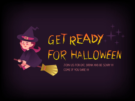 Get ready for halloween text with witch on the broom cartoon illustrationのイラスト素材