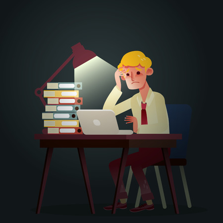 hard working business man night in office vector cartoon illustrationのイラスト素材