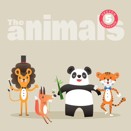 Set of cute animals cartoon illustration including lion fox panda and tigerのイラスト素材