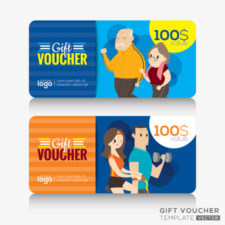 Fitness center gym coupon voucher or gift card design template with illustration of adult and senior citizen doing exercises and workoutsのイラスト素材